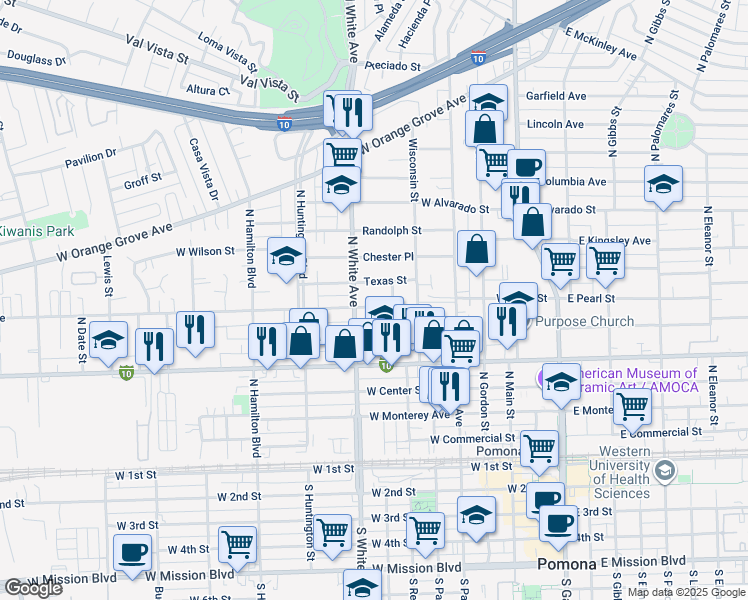 map of restaurants, bars, coffee shops, grocery stores, and more near 596 Texas Street in Pomona