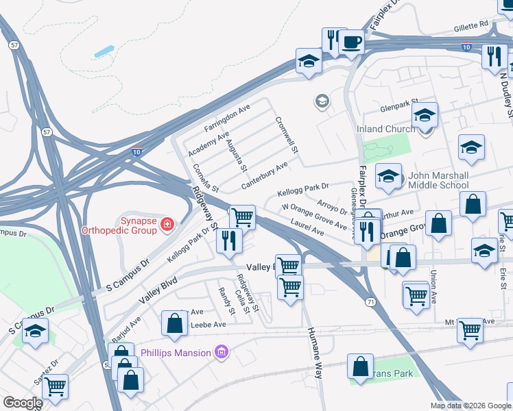 map of restaurants, bars, coffee shops, grocery stores, and more near 2330 Canterbury Avenue in Pomona