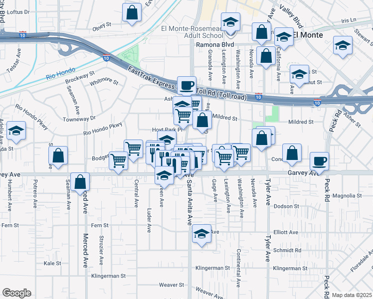 map of restaurants, bars, coffee shops, grocery stores, and more near 3126 Santa Anita Avenue in El Monte
