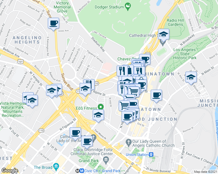 map of restaurants, bars, coffee shops, grocery stores, and more near 877 North Bunker Hill Avenue in Los Angeles