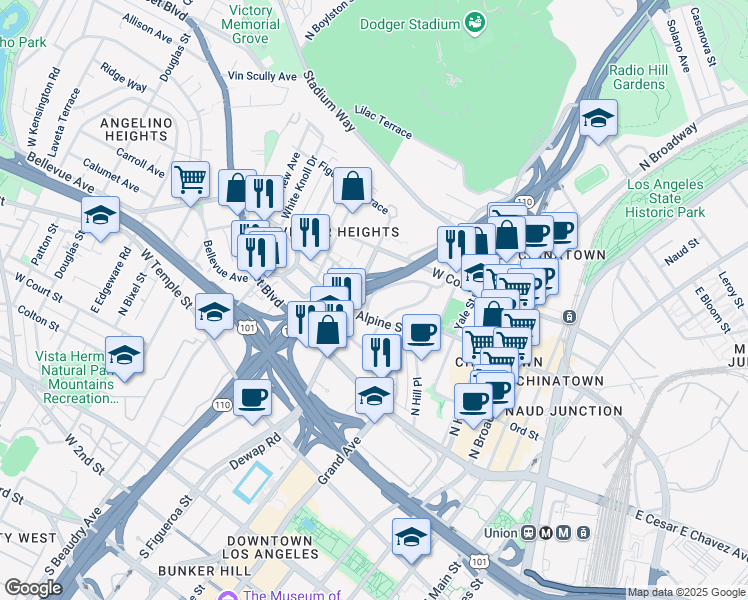 map of restaurants, bars, coffee shops, grocery stores, and more near 903 New Depot Street in Los Angeles