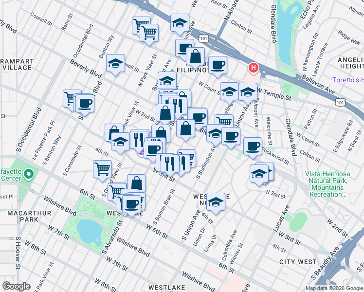 map of restaurants, bars, coffee shops, grocery stores, and more near 152 South Mountain View Avenue in Los Angeles