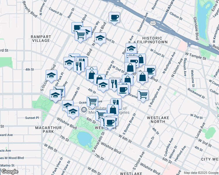 map of restaurants, bars, coffee shops, grocery stores, and more near 2332 Miramar Street in Los Angeles