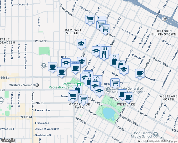 map of restaurants, bars, coffee shops, grocery stores, and more near 400 South La Fayette Park Place in Los Angeles