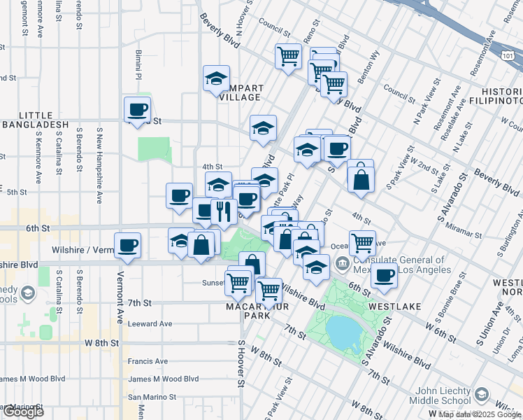 map of restaurants, bars, coffee shops, grocery stores, and more near 435 South La Fayette Park Place in Los Angeles