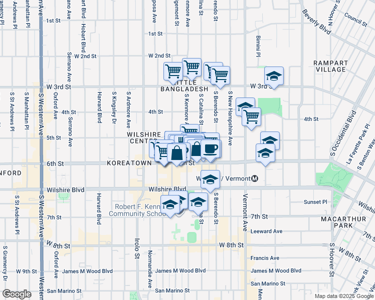 map of restaurants, bars, coffee shops, grocery stores, and more near 510 South Kenmore Avenue in Los Angeles