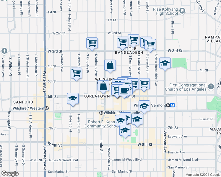 map of restaurants, bars, coffee shops, grocery stores, and more near 510 South Mariposa Avenue in Los Angeles