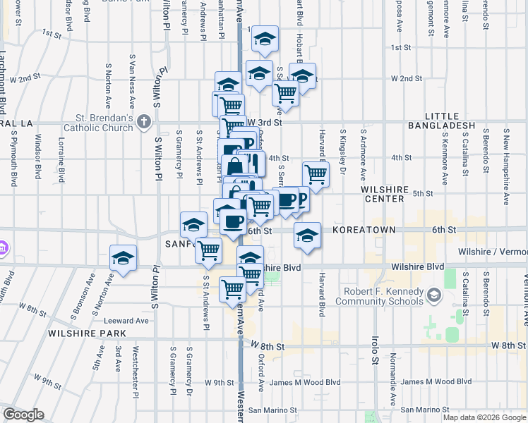 map of restaurants, bars, coffee shops, grocery stores, and more near 501 South Oxford Avenue in Los Angeles