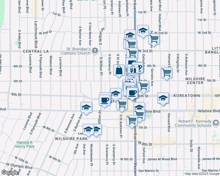 map of restaurants, bars, coffee shops, grocery stores, and more near 500 South Gramercy Place in Los Angeles