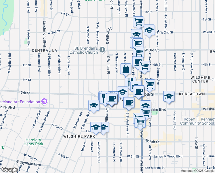 map of restaurants, bars, coffee shops, grocery stores, and more near 504 South Wilton Place in Los Angeles