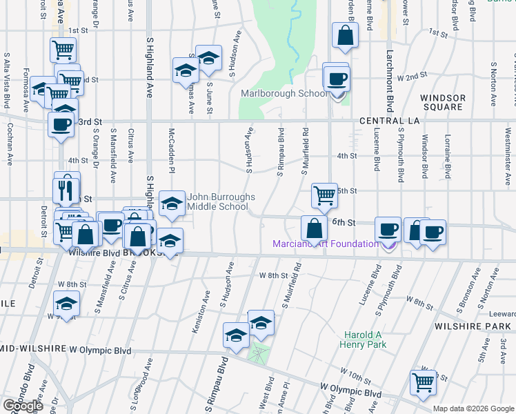 map of restaurants, bars, coffee shops, grocery stores, and more near 506 South Hudson Avenue in Los Angeles