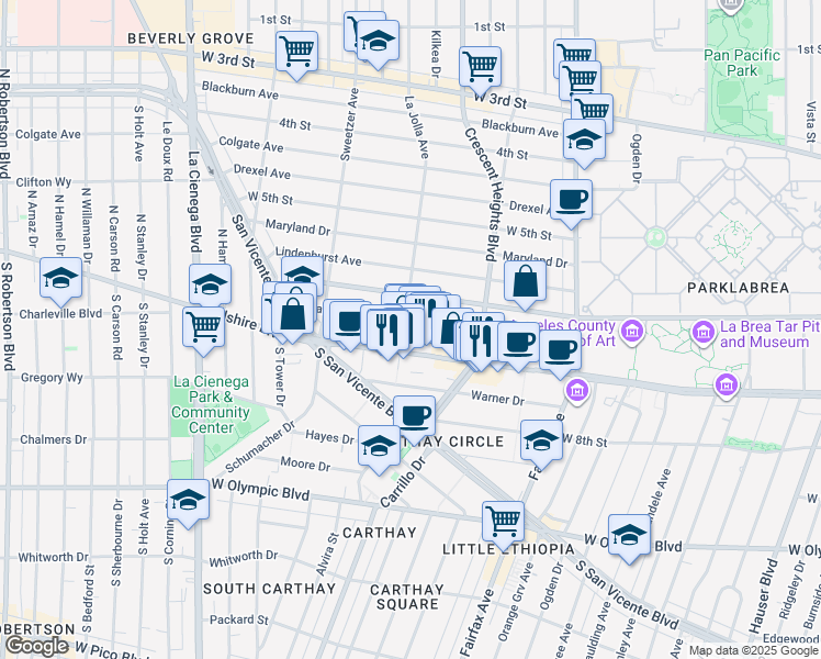 map of restaurants, bars, coffee shops, grocery stores, and more near 622 South La Jolla Avenue in Los Angeles