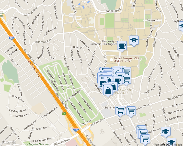 map of restaurants, bars, coffee shops, grocery stores, and more near 11024 Strathmore Drive in Los Angeles