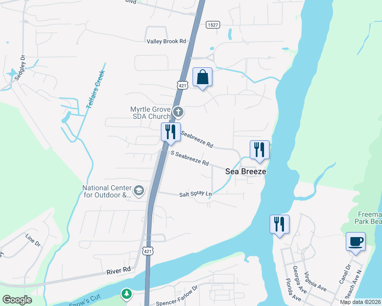 map of restaurants, bars, coffee shops, grocery stores, and more near 7611 Carolina Beach Road in Wilmington