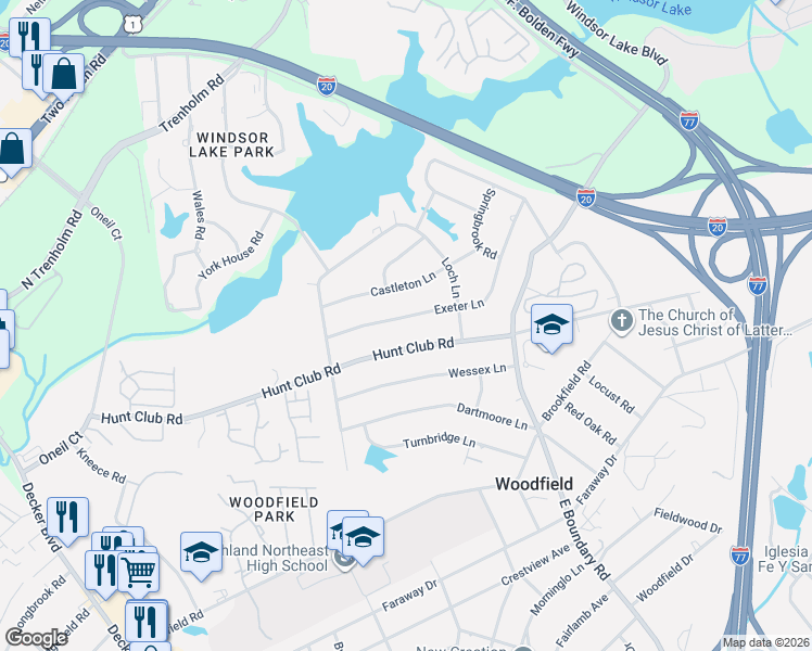 map of restaurants, bars, coffee shops, grocery stores, and more near 7821 Exeter Lane in Columbia