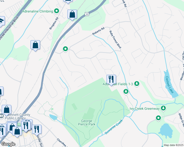 map of restaurants, bars, coffee shops, grocery stores, and more near 3999 Treemont Lane in Suwanee
