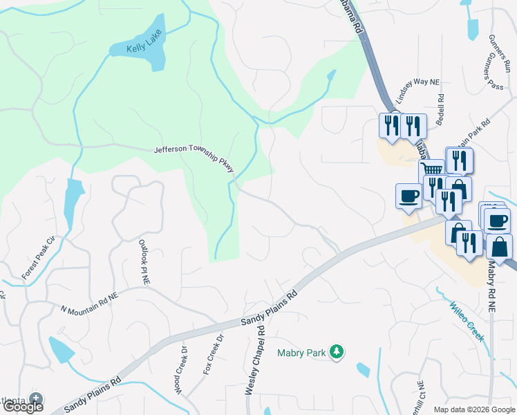 map of restaurants, bars, coffee shops, grocery stores, and more near 4118 Jefferson Township Parkway in Marietta