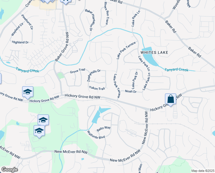 map of restaurants, bars, coffee shops, grocery stores, and more near 2917 Yukon Trail in Acworth