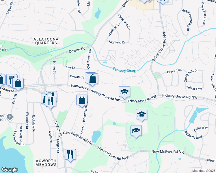 map of restaurants, bars, coffee shops, grocery stores, and more near 3649 Pinehill Circle in Acworth