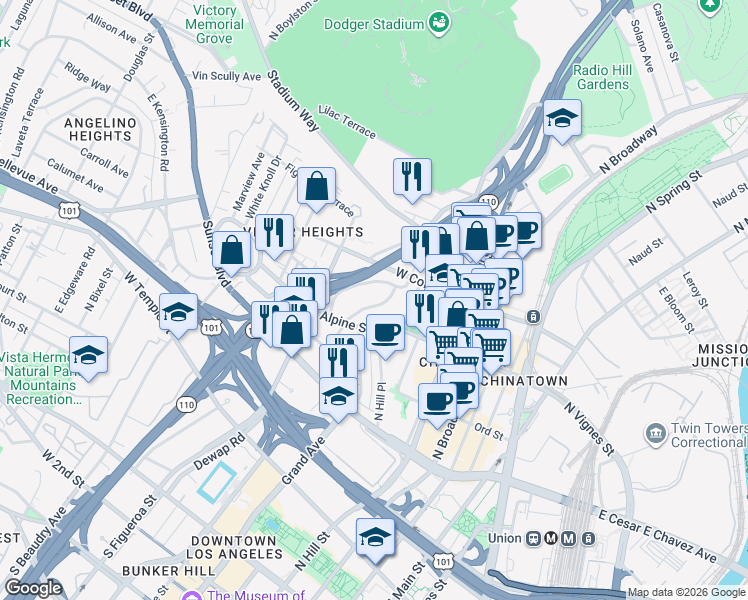 map of restaurants, bars, coffee shops, grocery stores, and more near 845 North Bunker Hill Avenue in Los Angeles