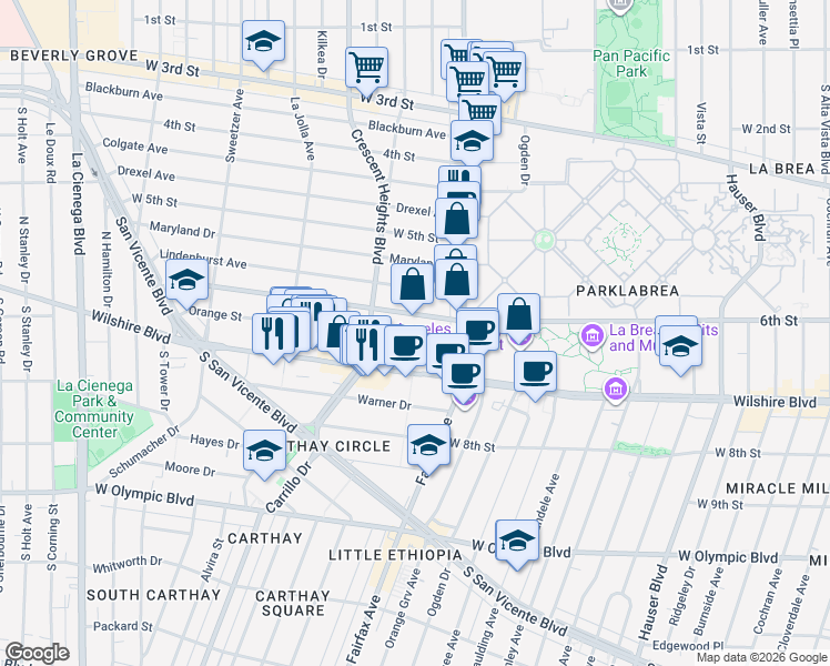 map of restaurants, bars, coffee shops, grocery stores, and more near 6151 Orange Street in Los Angeles