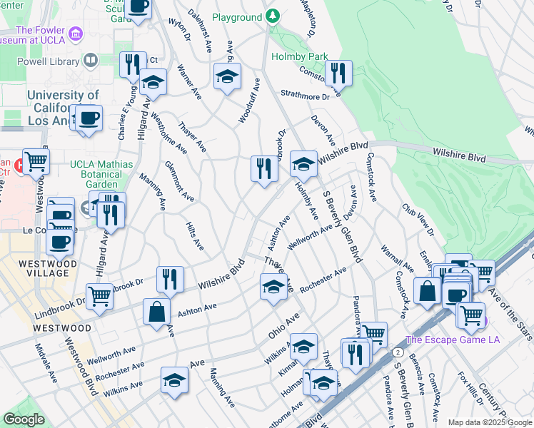 map of restaurants, bars, coffee shops, grocery stores, and more near 10490 Wilshire Boulevard in Los Angeles