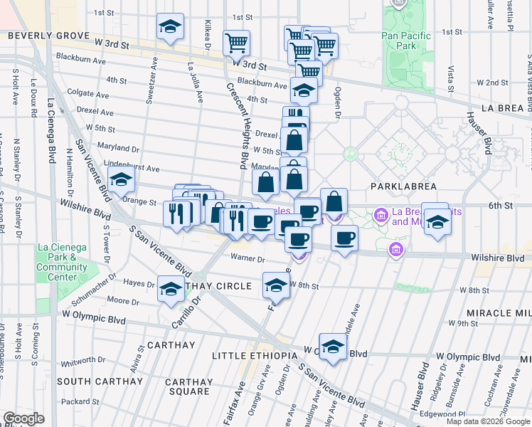map of restaurants, bars, coffee shops, grocery stores, and more near 6151 Orange Street in Los Angeles
