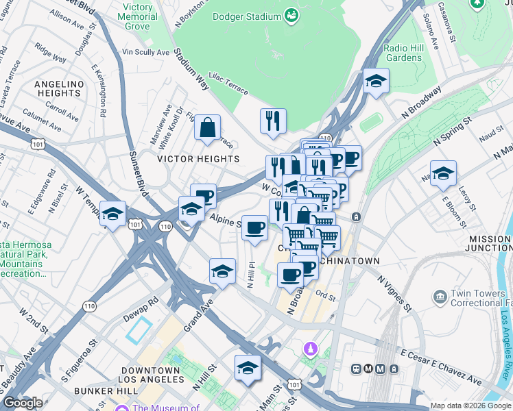 map of restaurants, bars, coffee shops, grocery stores, and more near 877 North Bunker Hill Avenue in Los Angeles