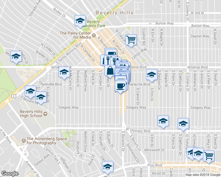 map of restaurants, bars, coffee shops, grocery stores, and more near 208 South Rodeo Drive in Beverly Hills