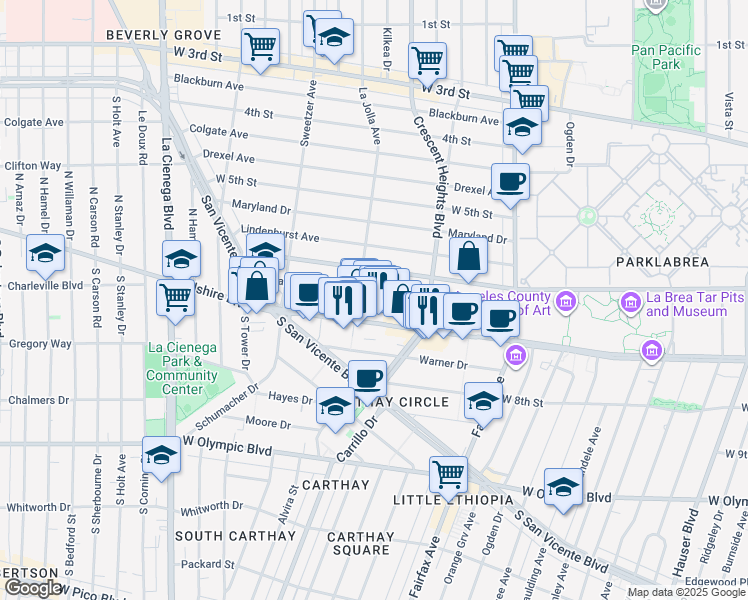 map of restaurants, bars, coffee shops, grocery stores, and more near 6366 Orange Street in Los Angeles