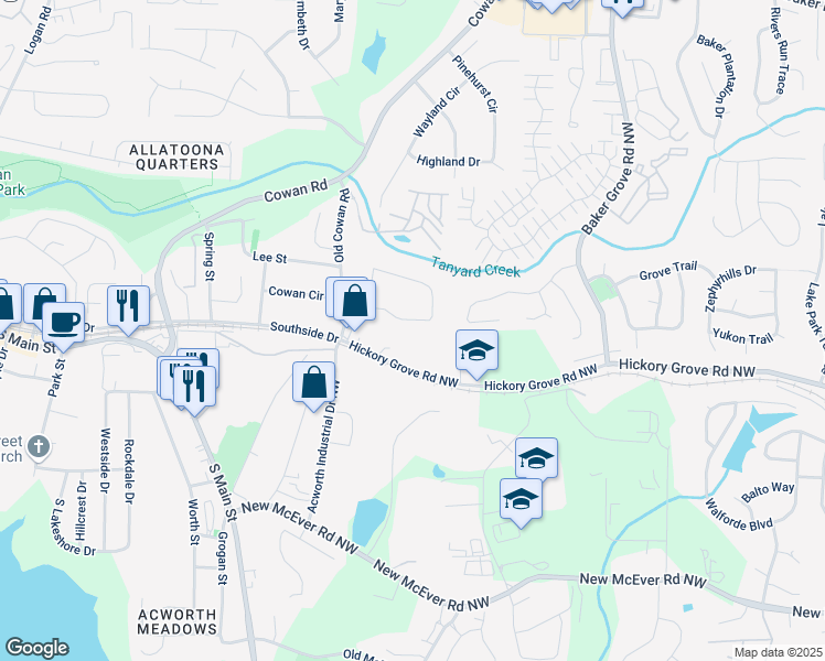 map of restaurants, bars, coffee shops, grocery stores, and more near 3649 Pinehill Circle in Acworth