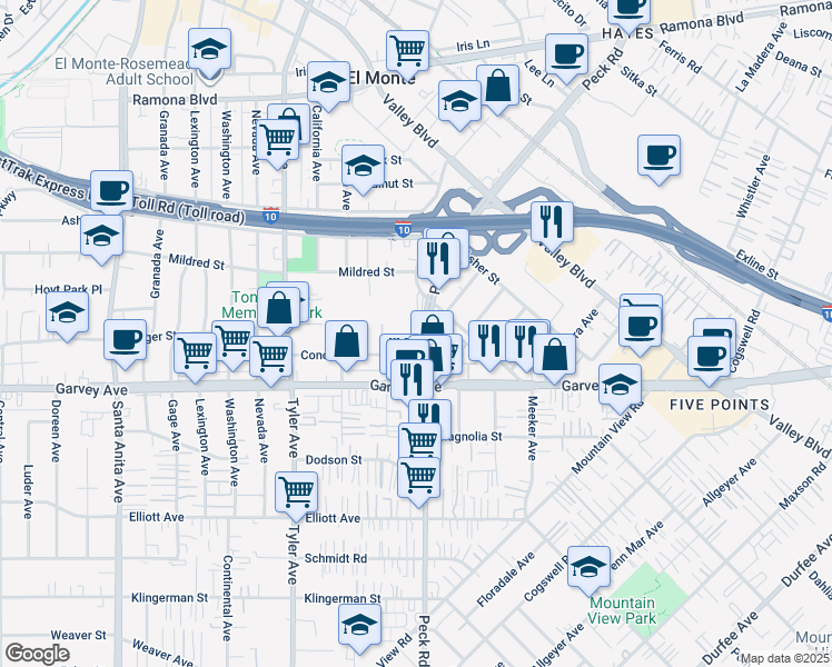 map of restaurants, bars, coffee shops, grocery stores, and more near 3116 Peck Road in El Monte