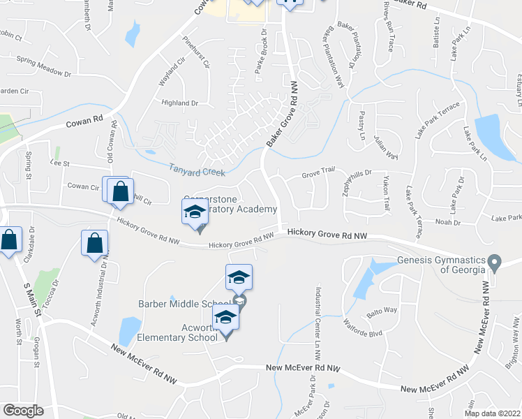 map of restaurants, bars, coffee shops, grocery stores, and more near 4569 Grove Park Way Northwest in Acworth