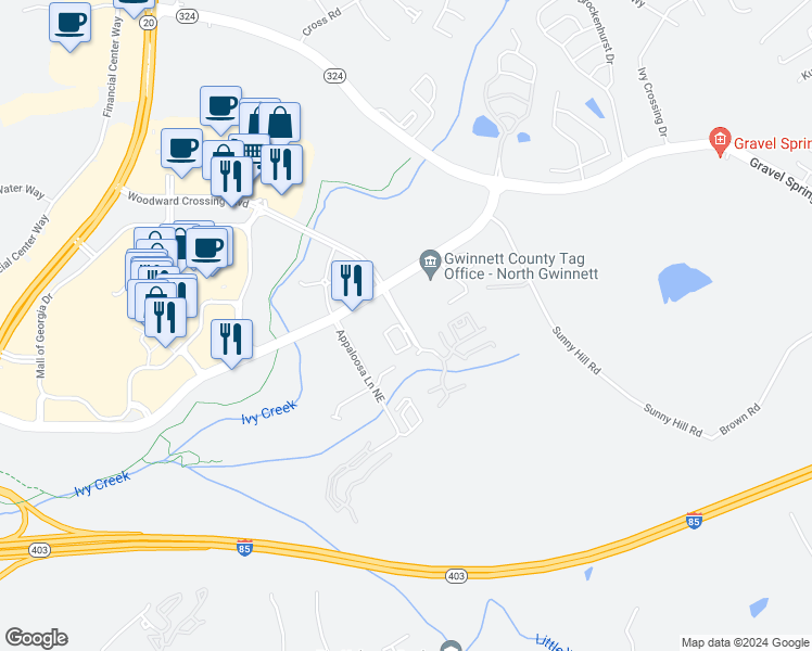 map of restaurants, bars, coffee shops, grocery stores, and more near Appaloosa Lane in Buford