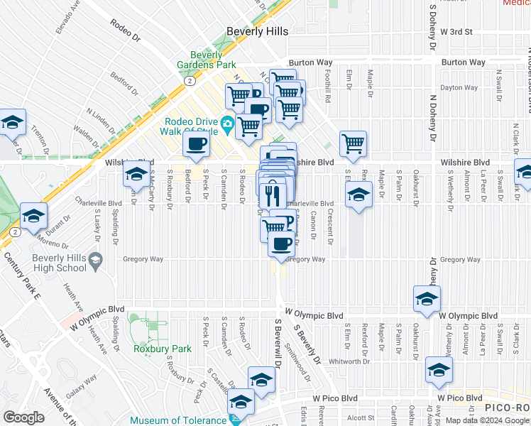 map of restaurants, bars, coffee shops, grocery stores, and more near 9464 Charleville Boulevard in Beverly Hills
