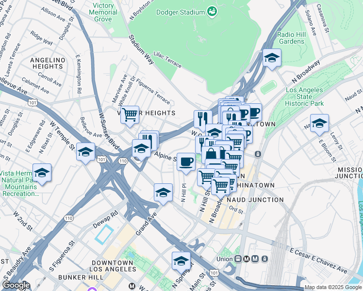 map of restaurants, bars, coffee shops, grocery stores, and more near 877 North Bunker Hill Avenue in Los Angeles
