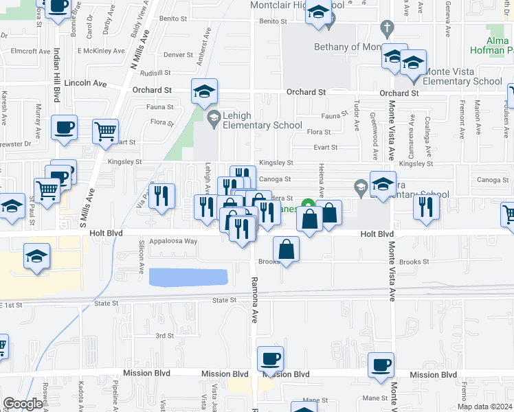 map of restaurants, bars, coffee shops, grocery stores, and more near 4505 Donner Court in Montclair