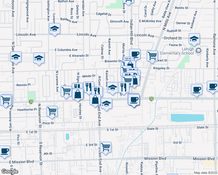map of restaurants, bars, coffee shops, grocery stores, and more near 639 Karesh Avenue in Pomona