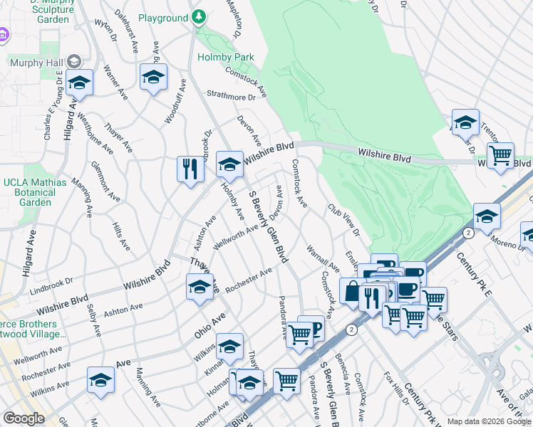 map of restaurants, bars, coffee shops, grocery stores, and more near 1284 South Beverly Glen Boulevard in Los Angeles