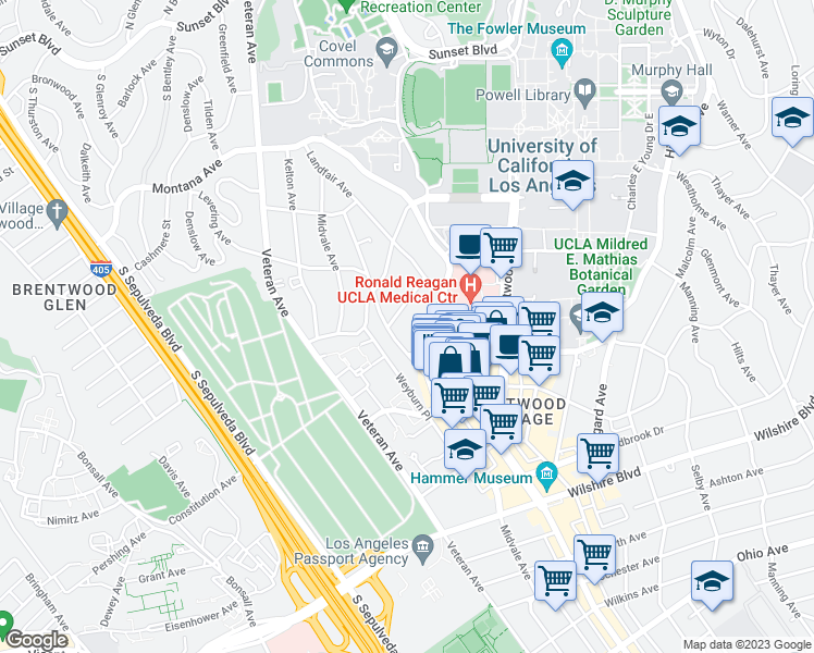 map of restaurants, bars, coffee shops, grocery stores, and more near 10974 Roebling Avenue in Los Angeles