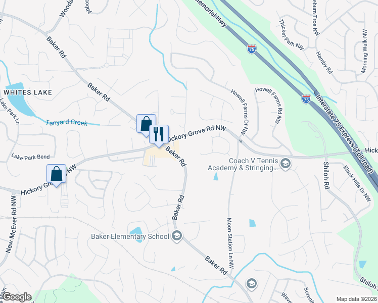 map of restaurants, bars, coffee shops, grocery stores, and more near 2485 Hickory Grove Road Northwest in Acworth