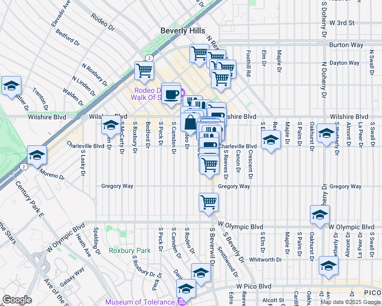 map of restaurants, bars, coffee shops, grocery stores, and more near 208 South Rodeo Drive in Beverly Hills