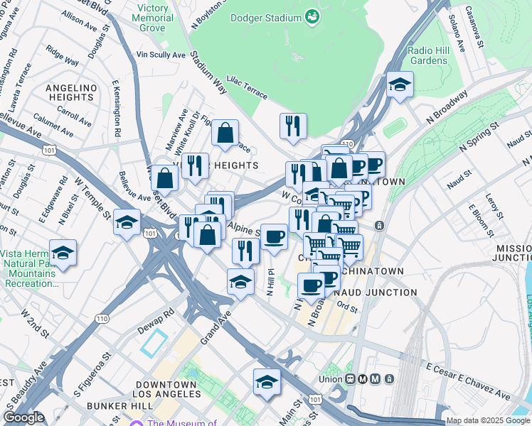 map of restaurants, bars, coffee shops, grocery stores, and more near 845 North Bunker Hill Avenue in Los Angeles