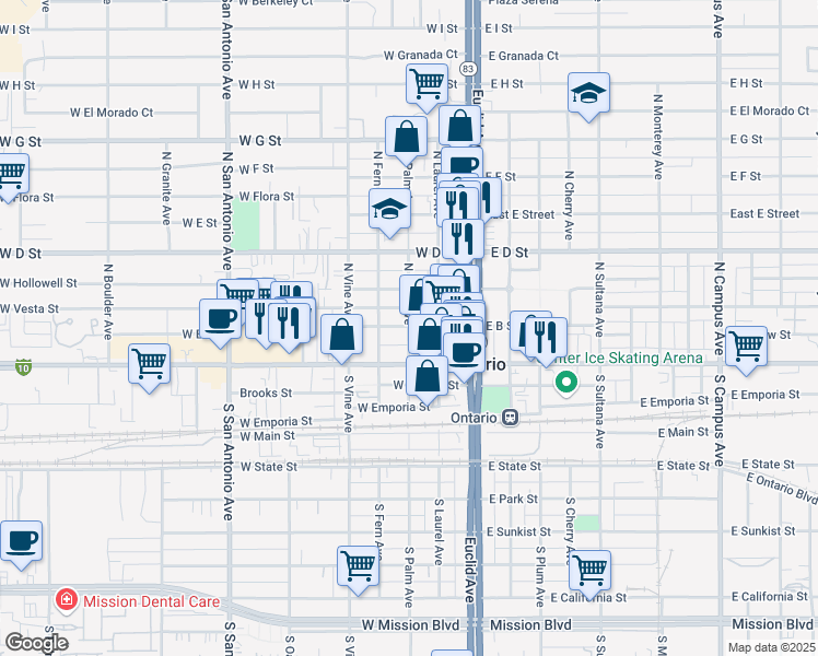 map of restaurants, bars, coffee shops, grocery stores, and more near 186 North Palm Avenue in Ontario
