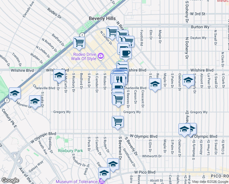 map of restaurants, bars, coffee shops, grocery stores, and more near 9464 Charleville Boulevard in Beverly Hills