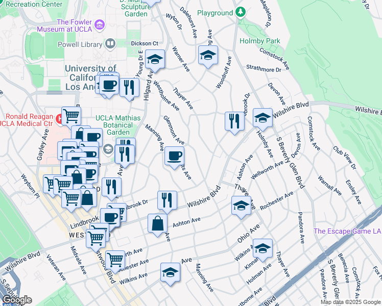 map of restaurants, bars, coffee shops, grocery stores, and more near 10600 Le Conte Avenue in Los Angeles