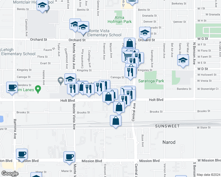 map of restaurants, bars, coffee shops, grocery stores, and more near 5125 Bandera Street in Montclair