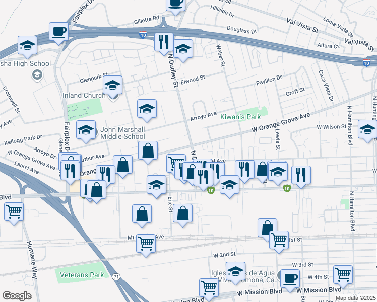 map of restaurants, bars, coffee shops, grocery stores, and more near 1508 West Orange Grove Avenue in Pomona