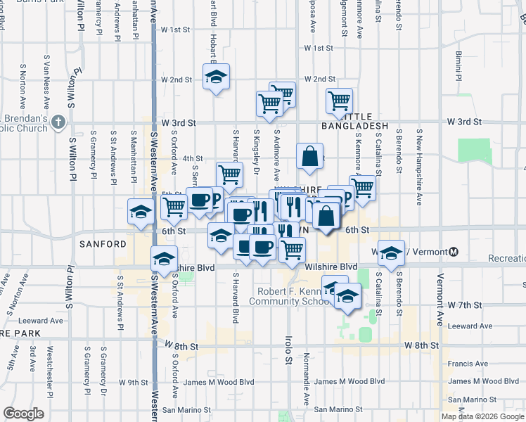 map of restaurants, bars, coffee shops, grocery stores, and more near 530 South Kingsley Drive in Los Angeles