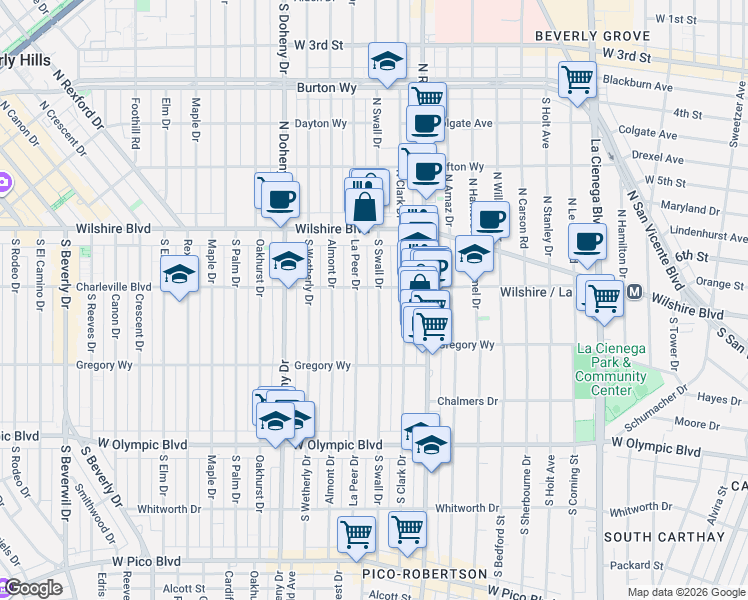 map of restaurants, bars, coffee shops, grocery stores, and more near 209 South Swall Drive in Beverly Hills
